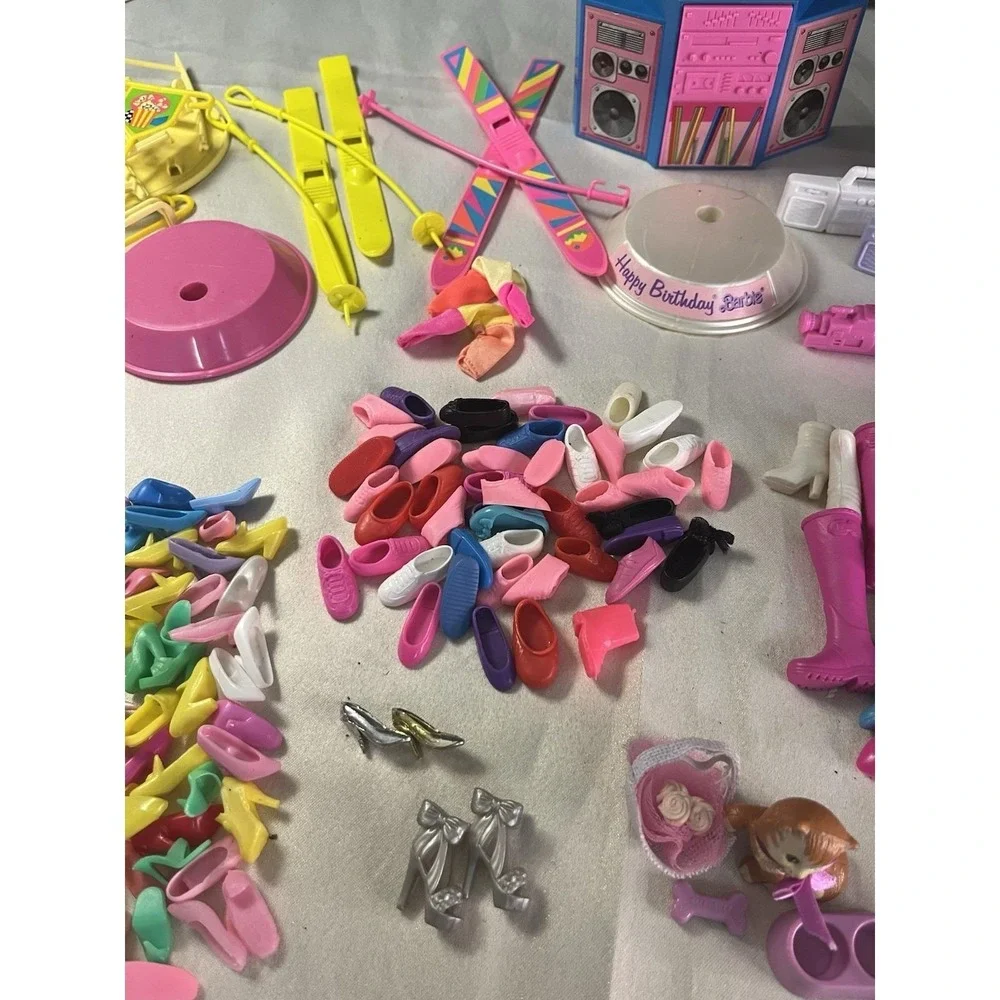 Huge Vintage Barbie & Ken Accessories Lot Shoes Skis Radios Hairbrush Clothing